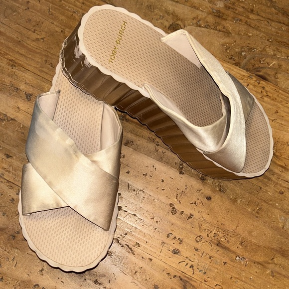 TORY BURCH Sz 7.5 rose, gold, scalloped platform, slides sexy contemporary AS IS - Picture 7 of 7